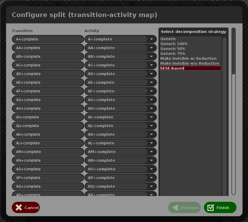 Screenshot of **Split Accepting Petri Net** plugin configurations